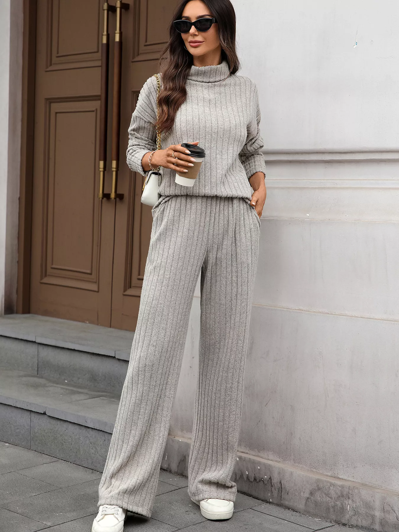 Ribbed Turtleneck Dropped Shoulder Top and Pants Sweater Set - Image 6