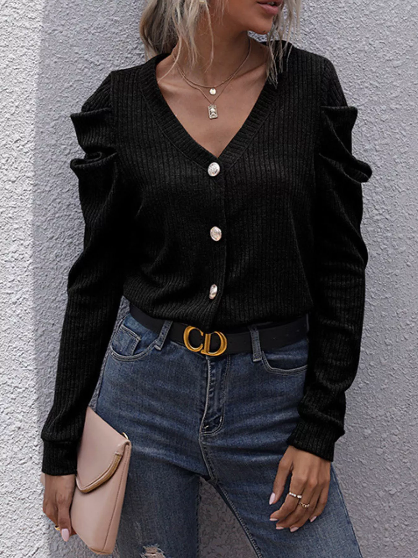 Ribbed V-Neck Button-Up Cardigan - Image 5