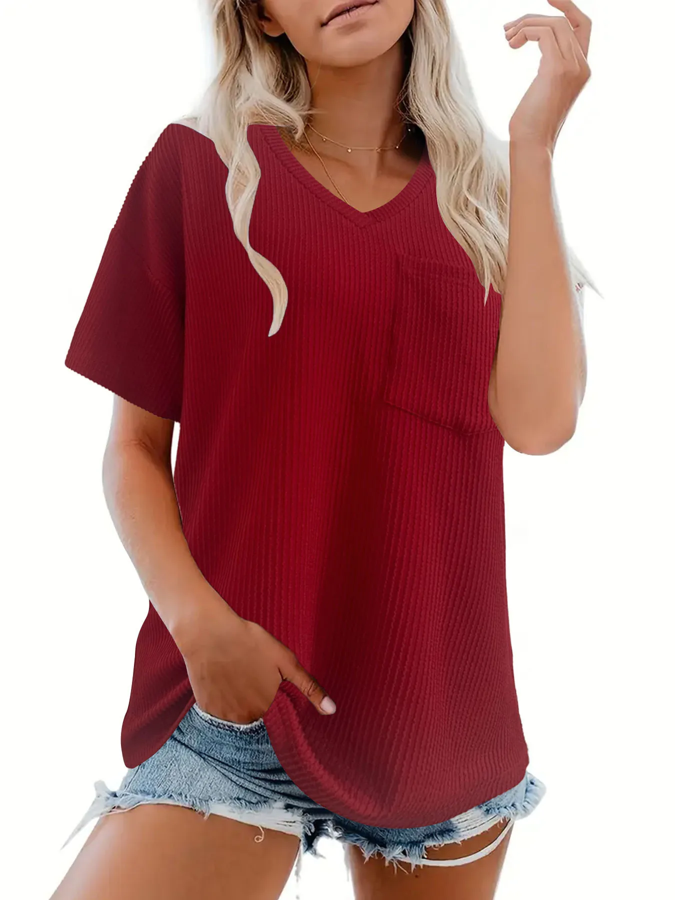 Ribbed V-Neck Oversized T-Shirt - Image 7