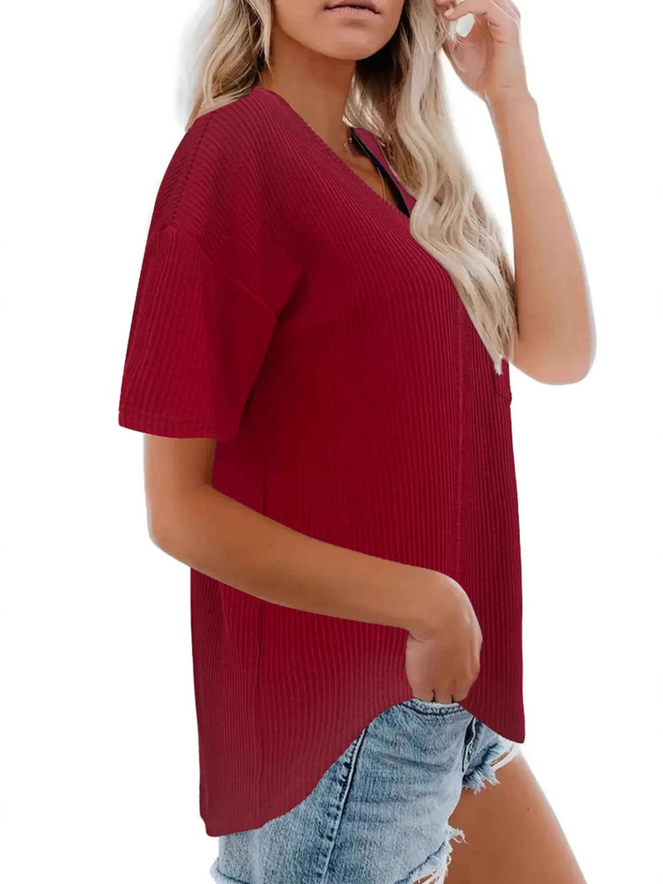 Ribbed V-Neck Oversized T-Shirt - Image 9