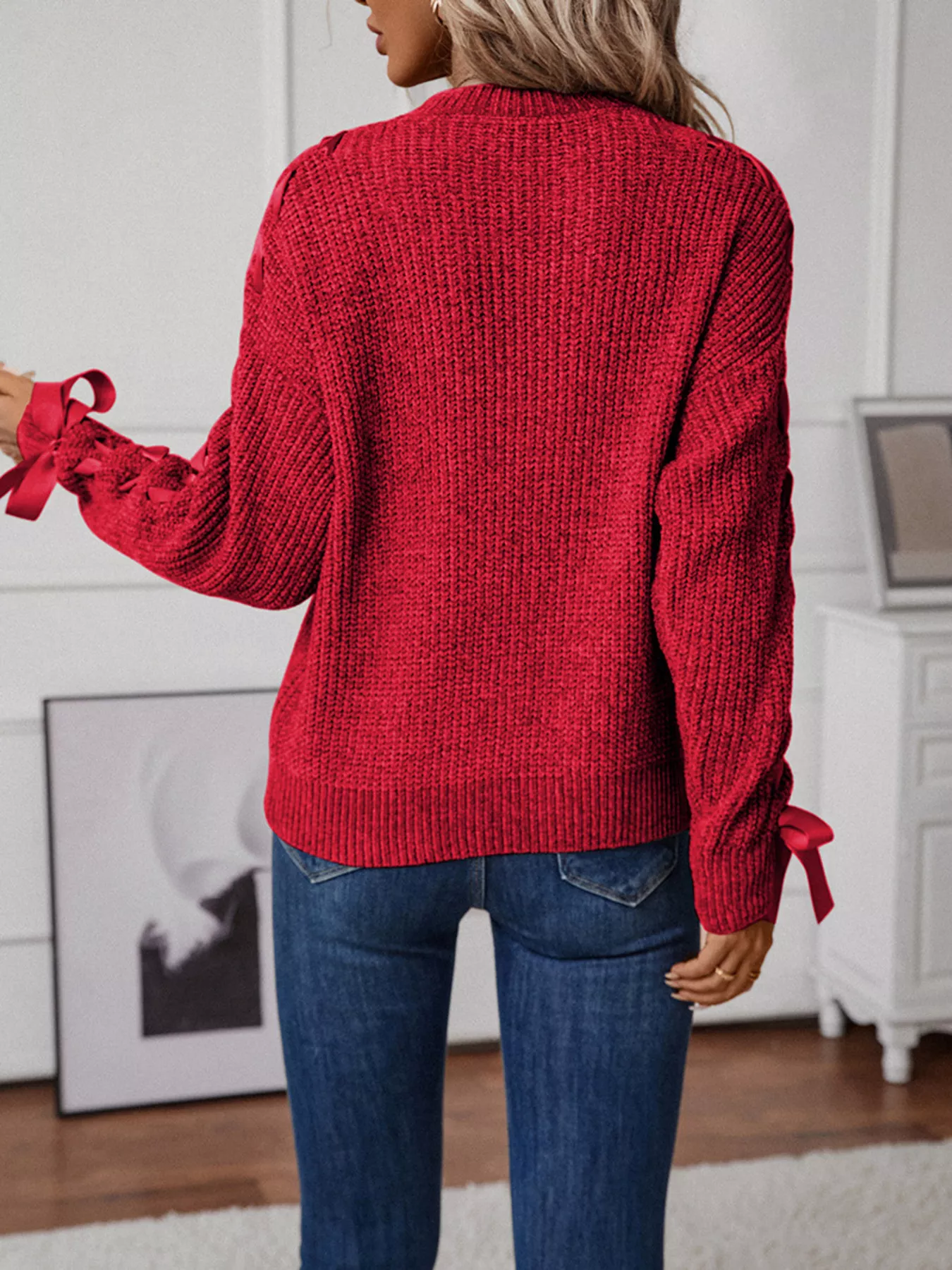 Ribbon-Tie Sleeve Round Neck Sweater - Image 7