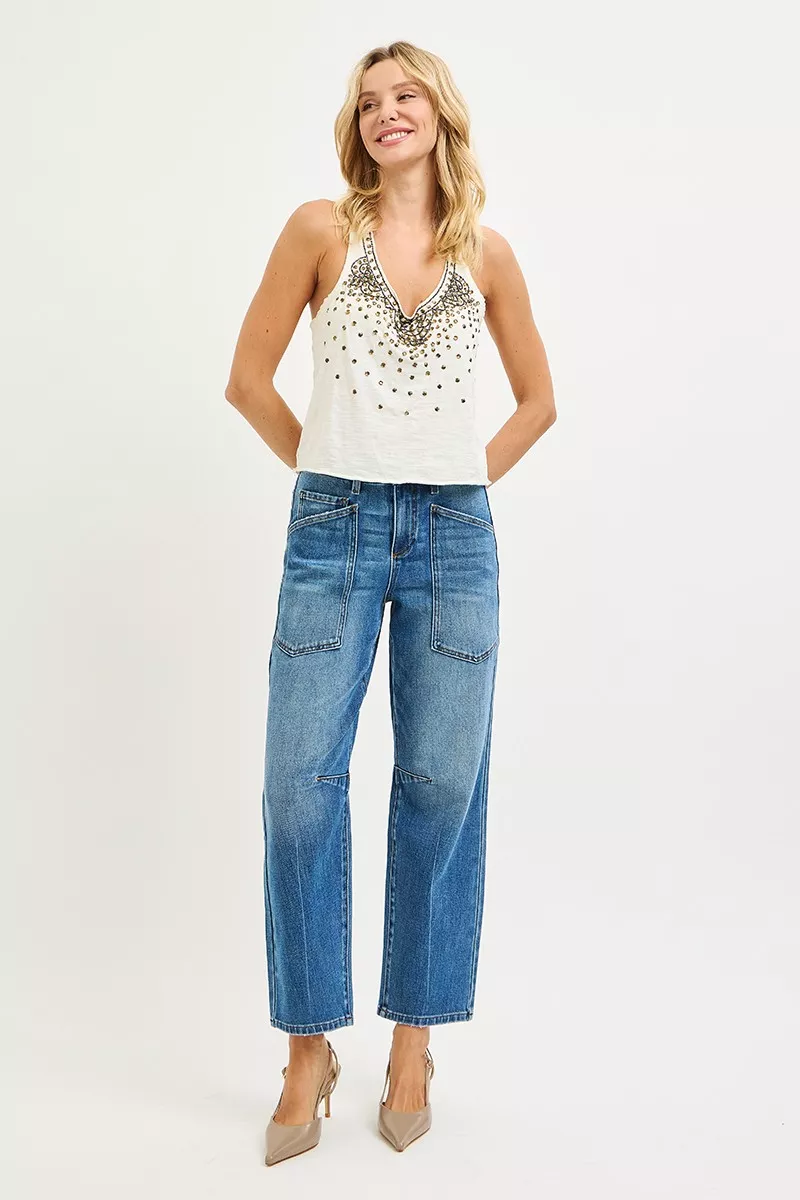 RISEN 4 Way Stretch Mid Rise Barrel Jeans with Patch Pocket Detail - Image 6