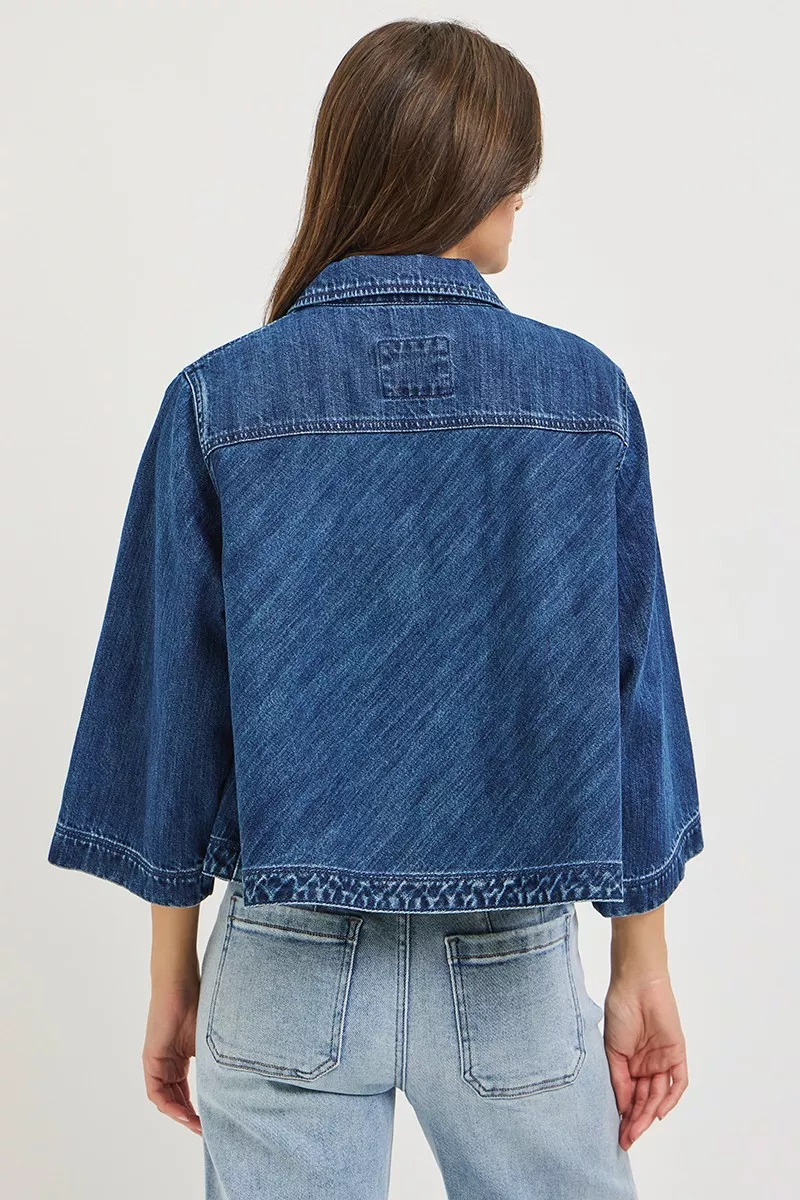 RISEN Double-Breasted Flowy Cropped Denim Jacket - Image 3