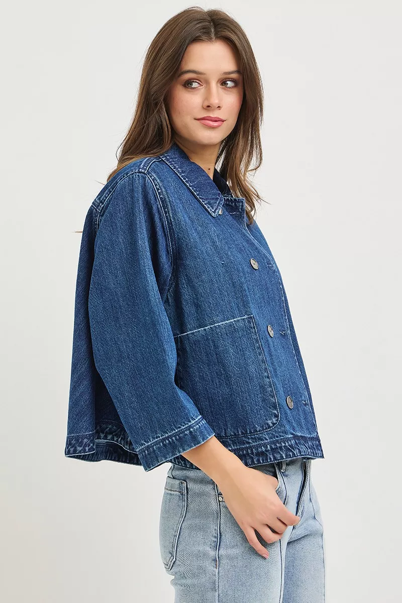 RISEN Double-Breasted Flowy Cropped Denim Jacket - Image 4