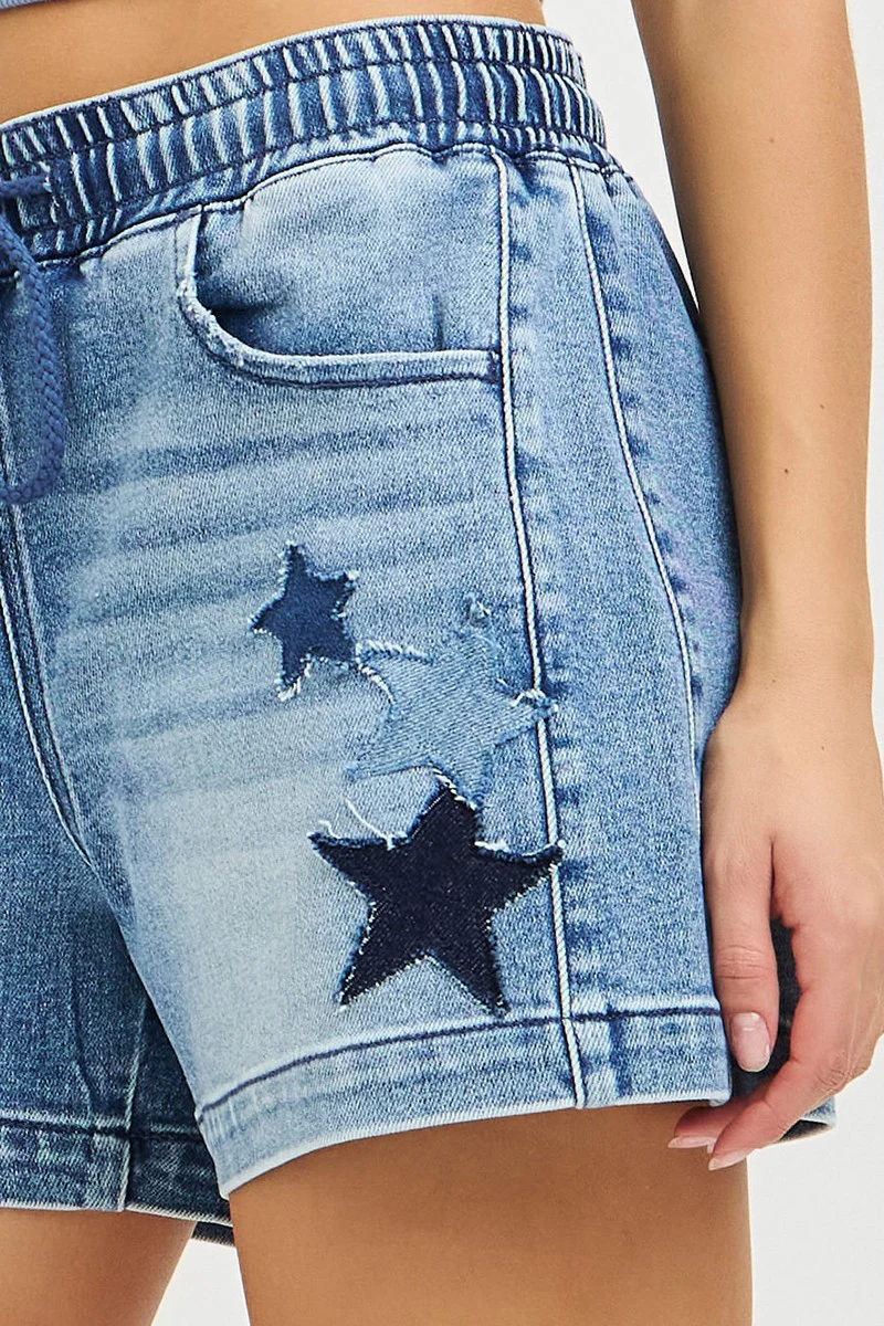 RISEN Elastic Band Slouchy Denim Shorts with Star Patched Details - Image 8