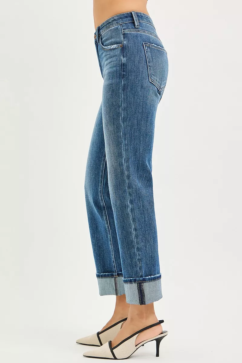 RISEN Full Size 4 Way Stretch Slouchy Straight Jeans with Cuffed Hem Plus Size - Image 4