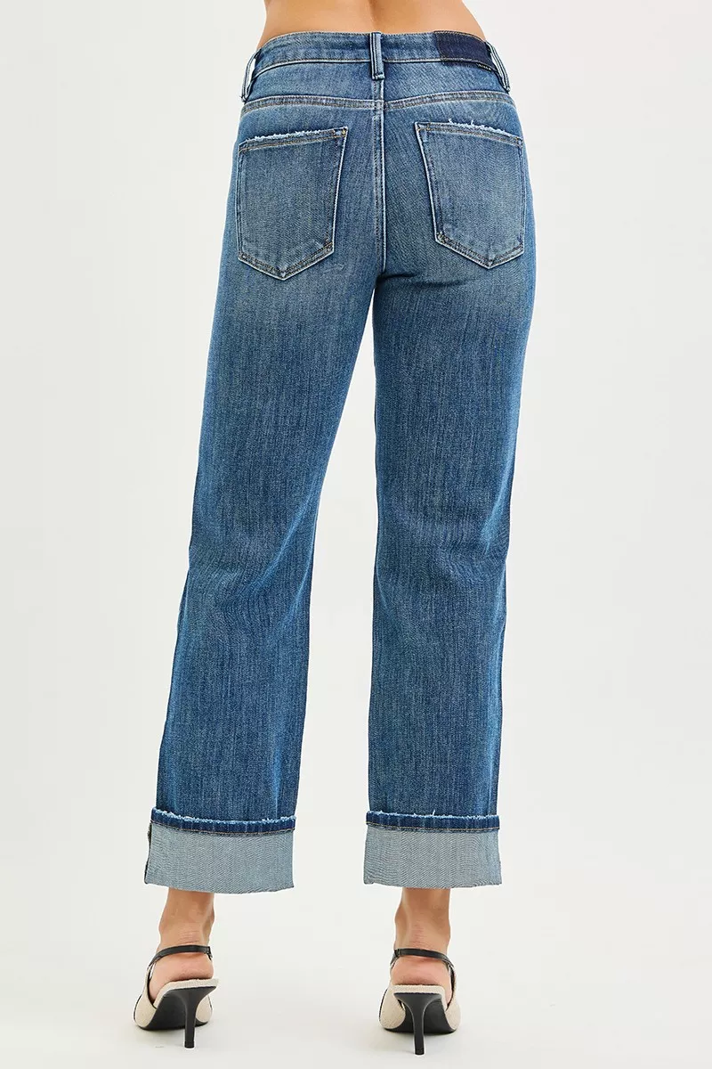 RISEN Full Size 4 Way Stretch Slouchy Straight Jeans with Cuffed Hem Plus Size - Image 5