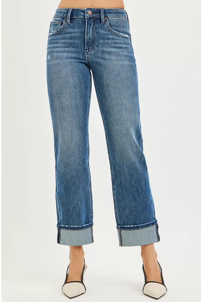 RISEN Full Size 4 Way Stretch Slouchy Straight Jeans with Cuffed Hem Plus Size - Image 7