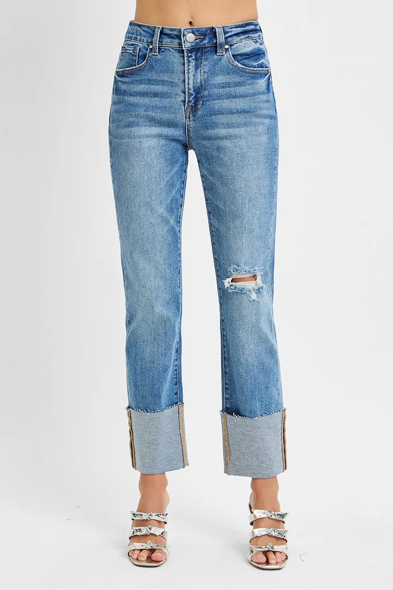 RISEN Full Size High Rise Ankle Straight Wide Cuffed Jeans Plus Size