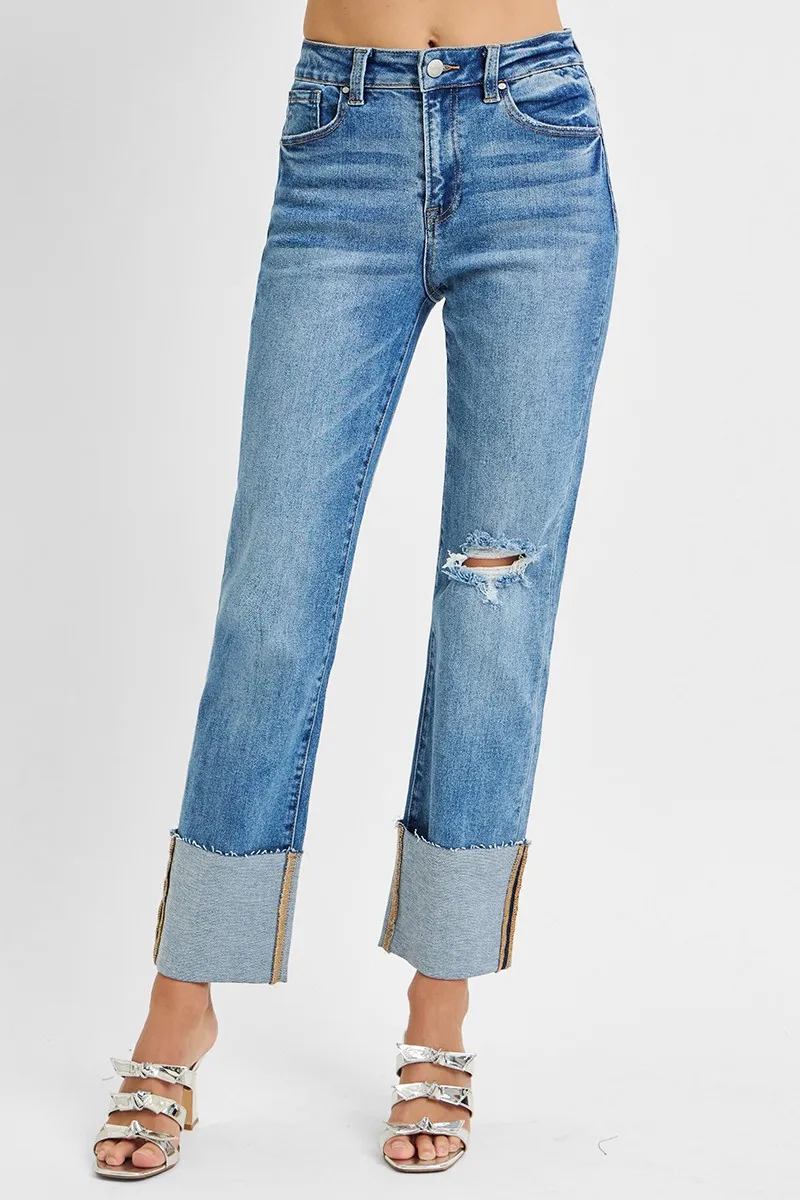 RISEN Full Size High Rise Ankle Straight Wide Cuffed Jeans Plus Size - Image 2