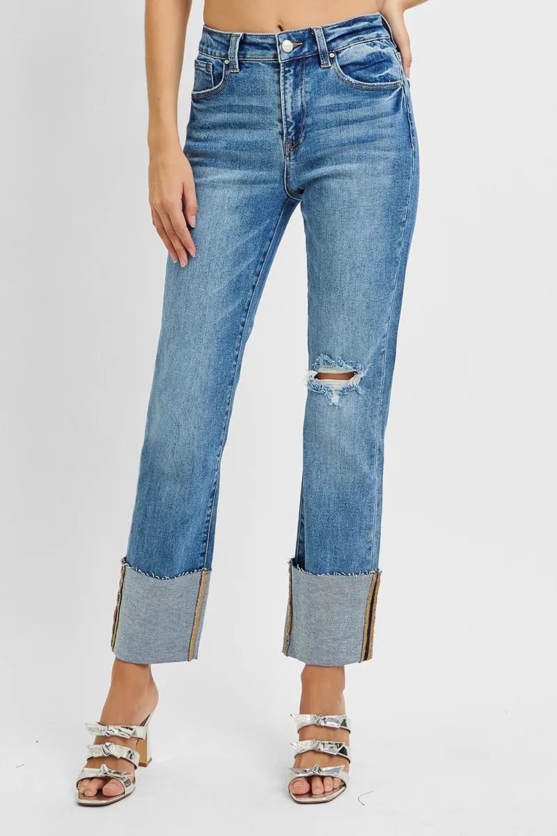 RISEN Full Size High Rise Ankle Straight Wide Cuffed Jeans Plus Size - Image 3