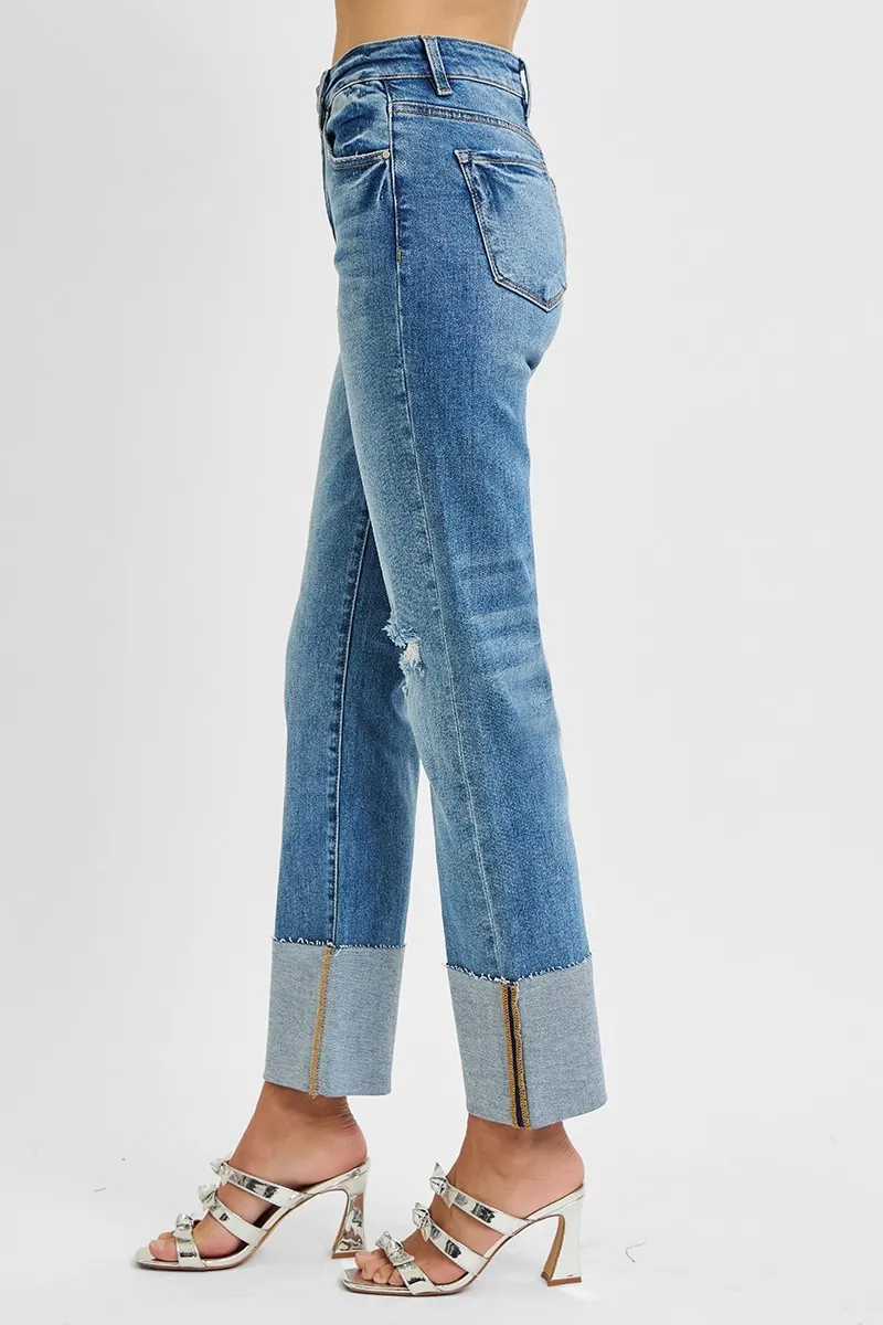 RISEN Full Size High Rise Ankle Straight Wide Cuffed Jeans Plus Size - Image 4