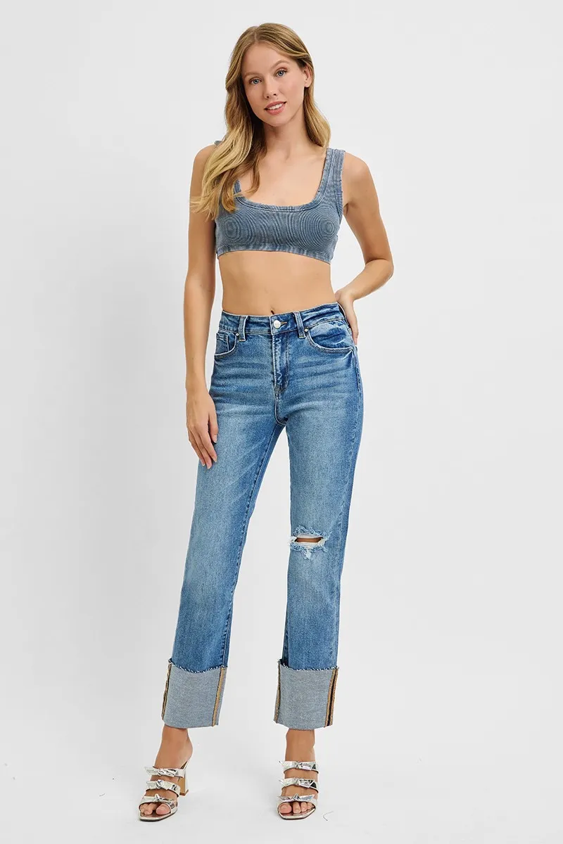 RISEN Full Size High Rise Ankle Straight Wide Cuffed Jeans Plus Size - Image 6