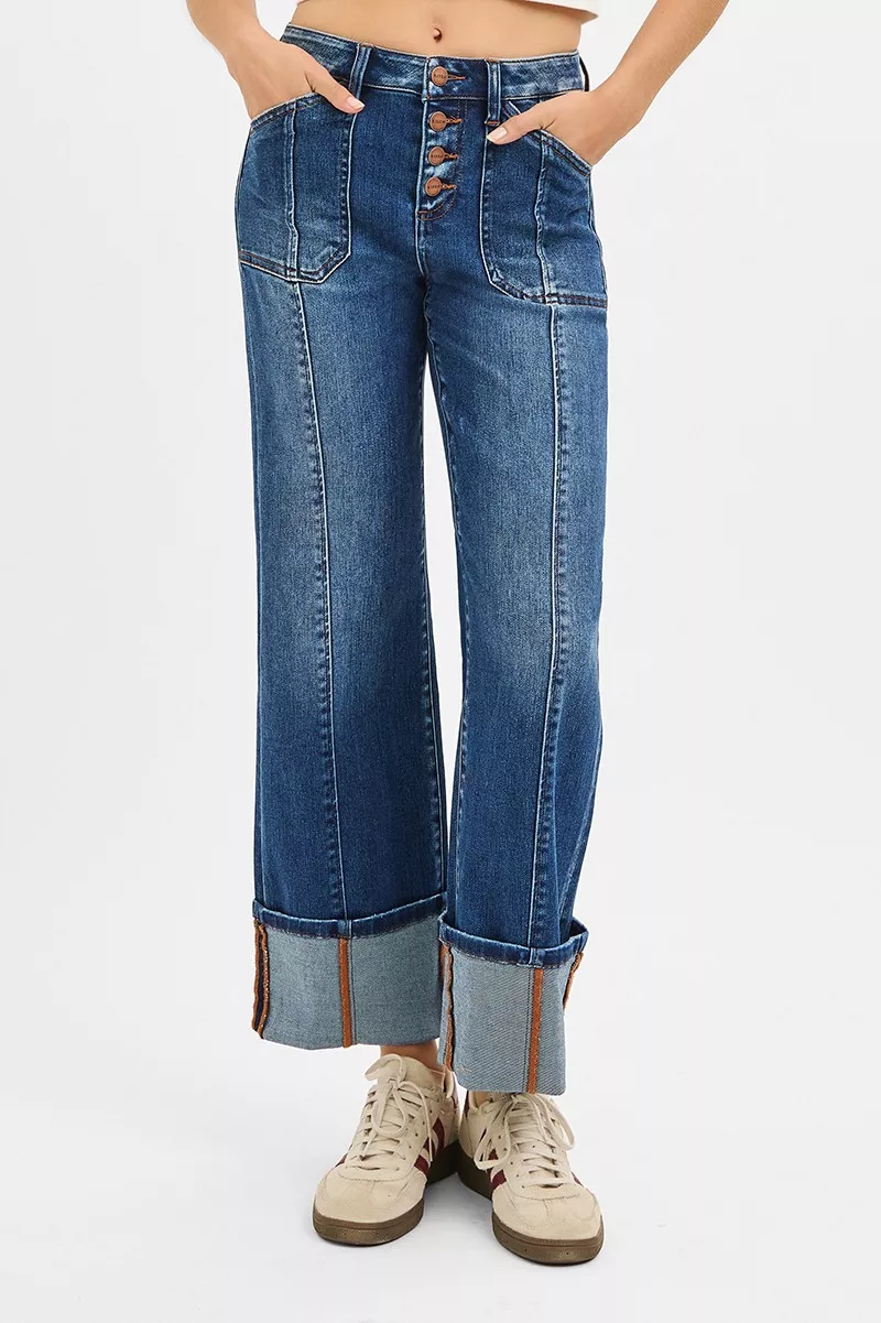 RISEN Full Size High Rise Crop Wide Straight Cuffed Jeans Plus Size - Image 3