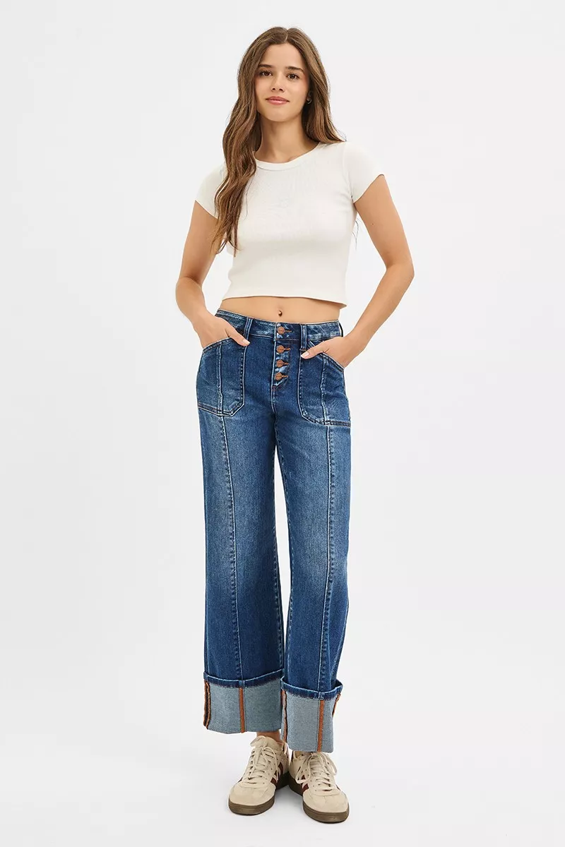 RISEN Full Size High Rise Crop Wide Straight Cuffed Jeans Plus Size - Image 6