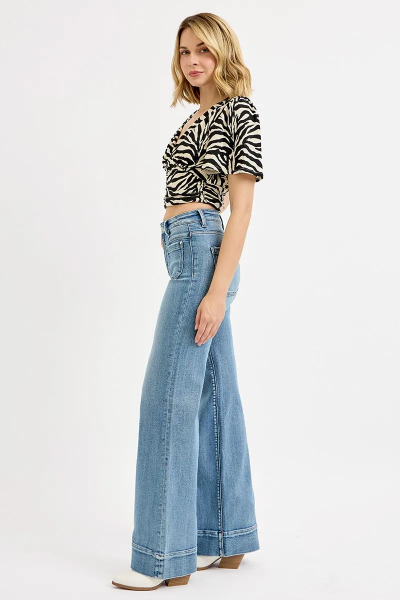 RISEN Full Size High Rise Wide Flare Patch Pocket Jeans Plus Size - Image 7