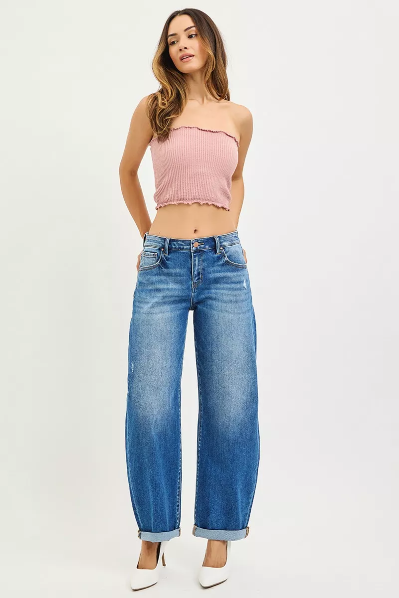 RISEN Full Size Mid Rise Barrel Double Roll Up Jeans Plus Size - Image 6
