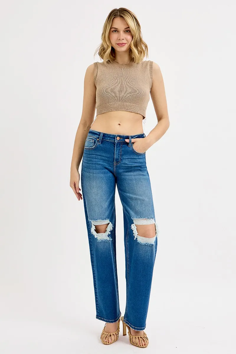 RISEN Full Size Mid Waist Fit Boyfriend Knee Distressed Jeans Plus Size - Image 6