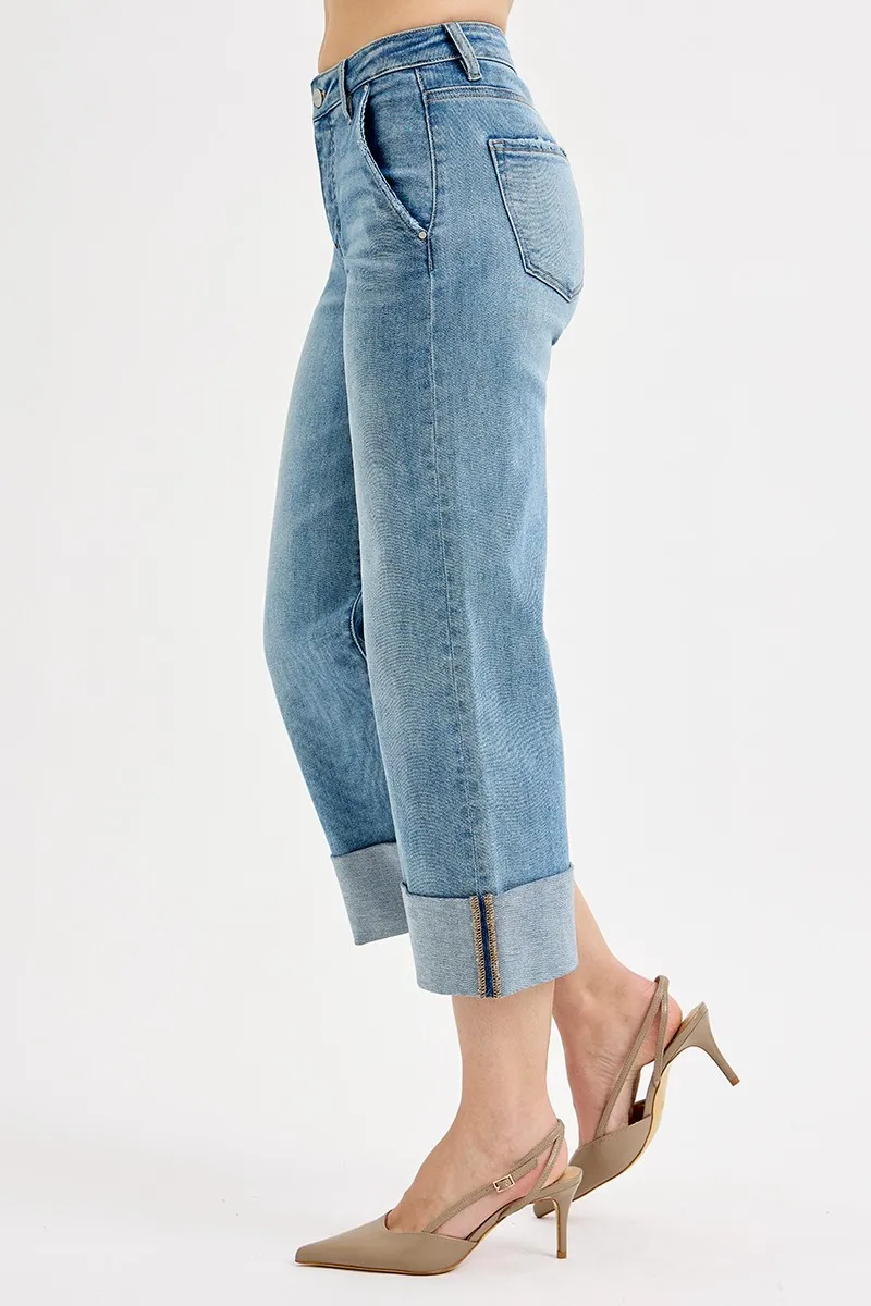 RISEN Full Size Tummy Control High Rise Ankle Wide Cuffed Jeans Plus Size - Image 4