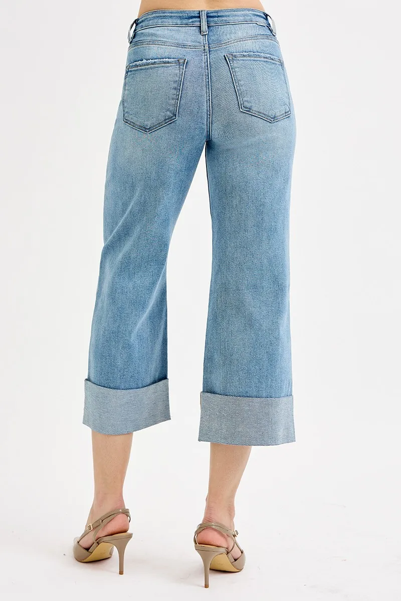 RISEN Full Size Tummy Control High Rise Ankle Wide Cuffed Jeans Plus Size - Image 5