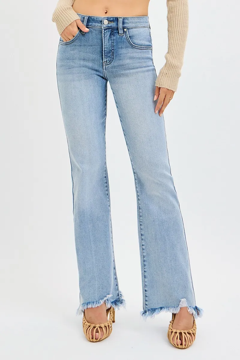 RISEN Full Size Tummy Control Mid Rise Flare Jeans with Fray Hem Detailed Plus Size