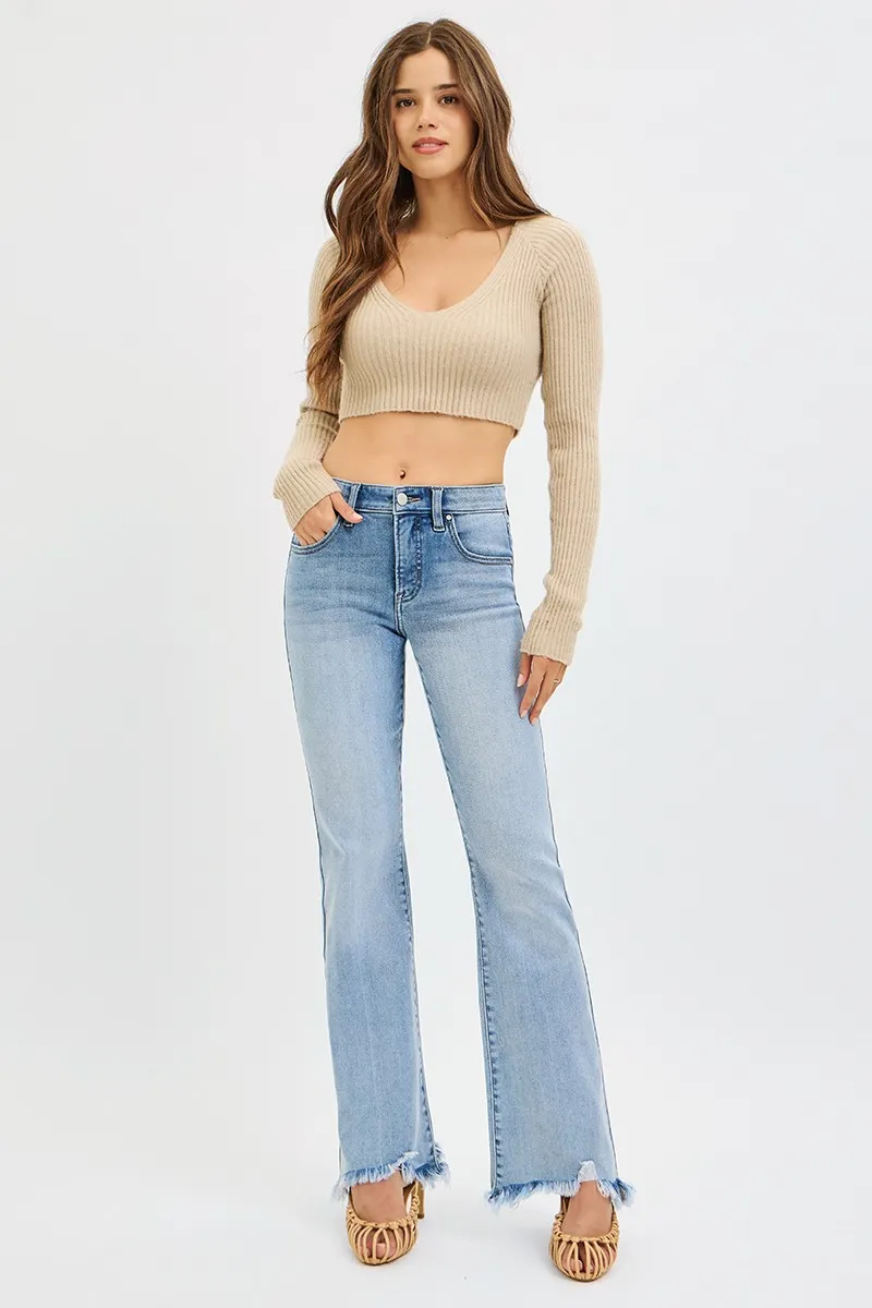 RISEN Full Size Tummy Control Mid Rise Flare Jeans with Fray Hem Detailed Plus Size - Image 7