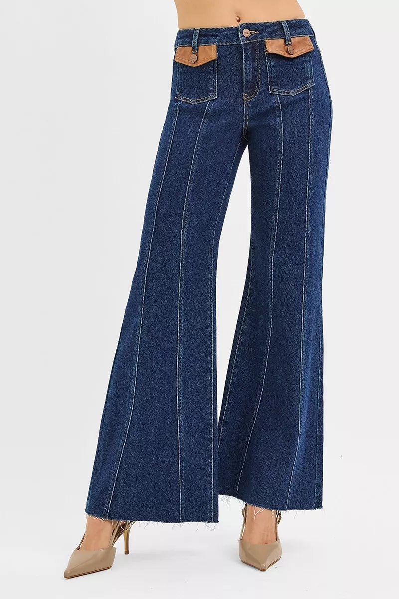 RISEN High Rise Wide Flare Jeans with Front Leather Pocket Detail - Image 2