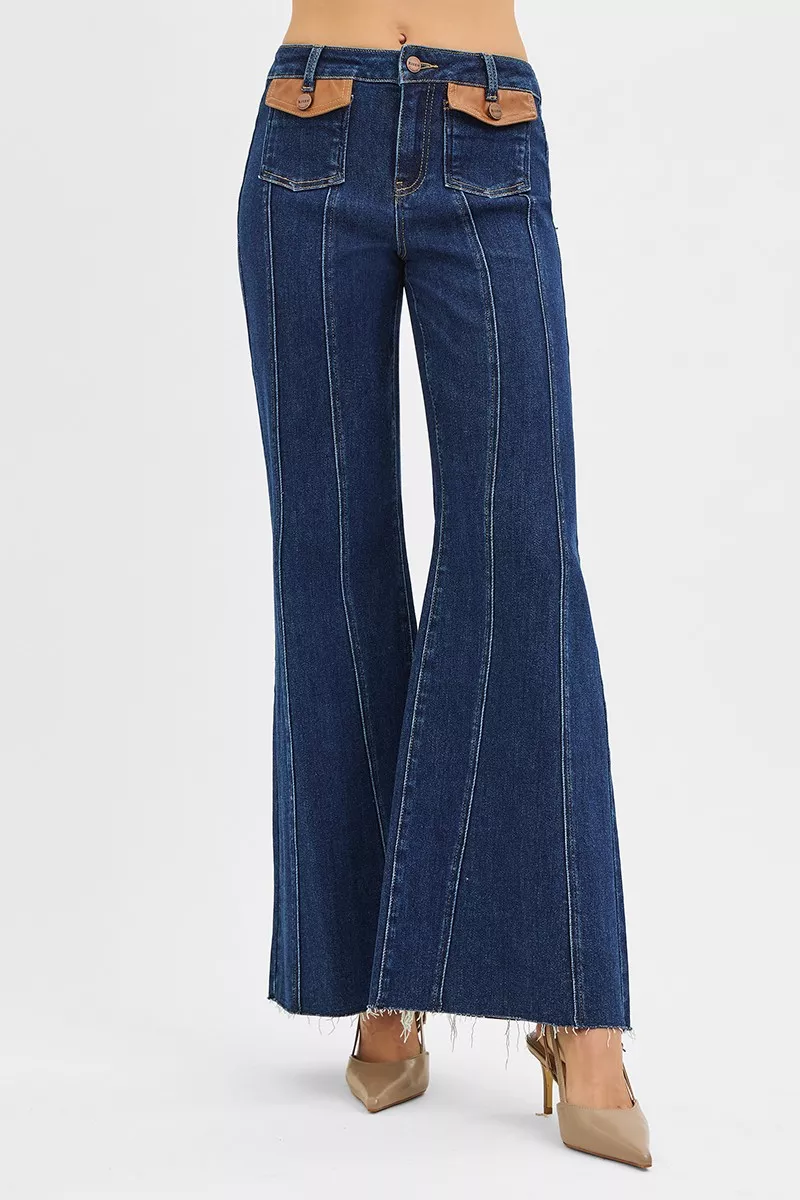 RISEN High Rise Wide Flare Jeans with Front Leather Pocket Detail - Image 3