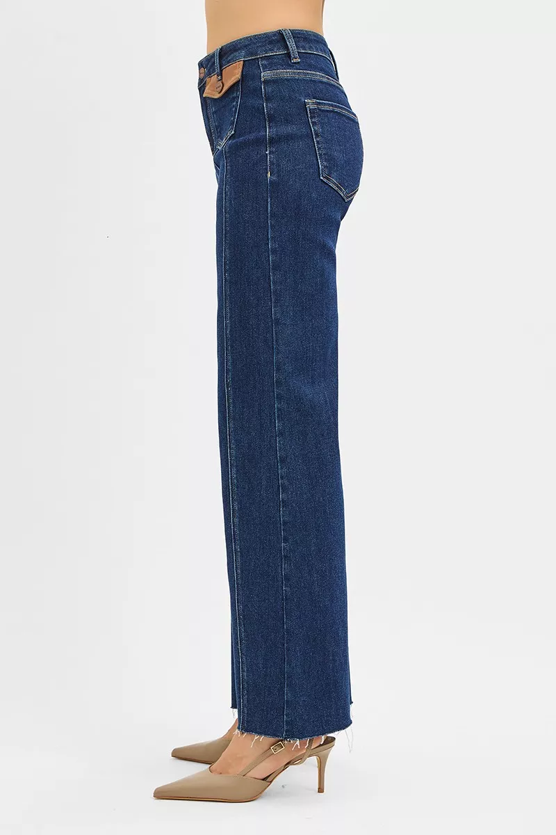 RISEN High Rise Wide Flare Jeans with Front Leather Pocket Detail - Image 4
