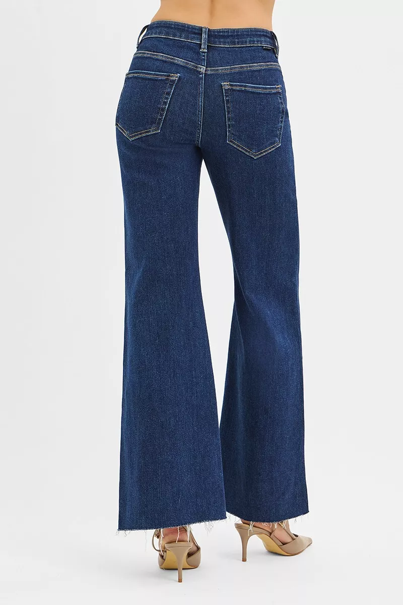 RISEN High Rise Wide Flare Jeans with Front Leather Pocket Detail - Image 5