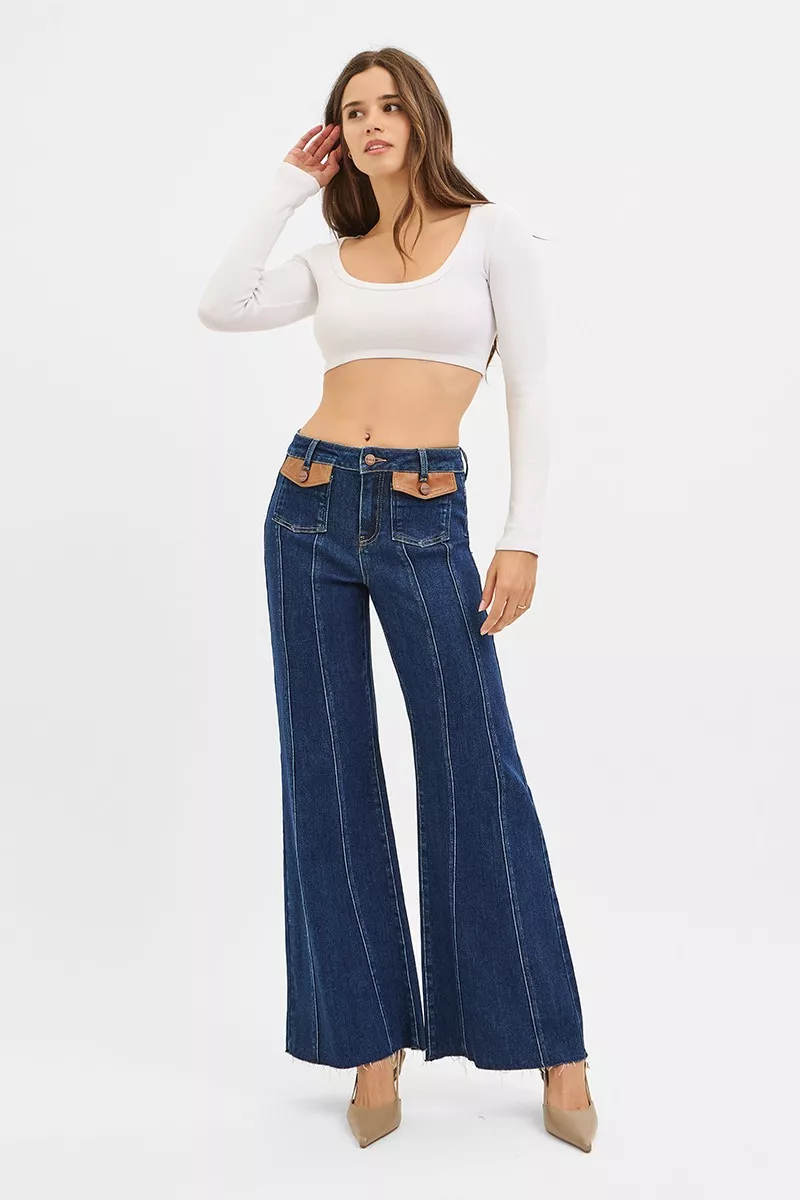 RISEN High Rise Wide Flare Jeans with Front Leather Pocket Detail - Image 6