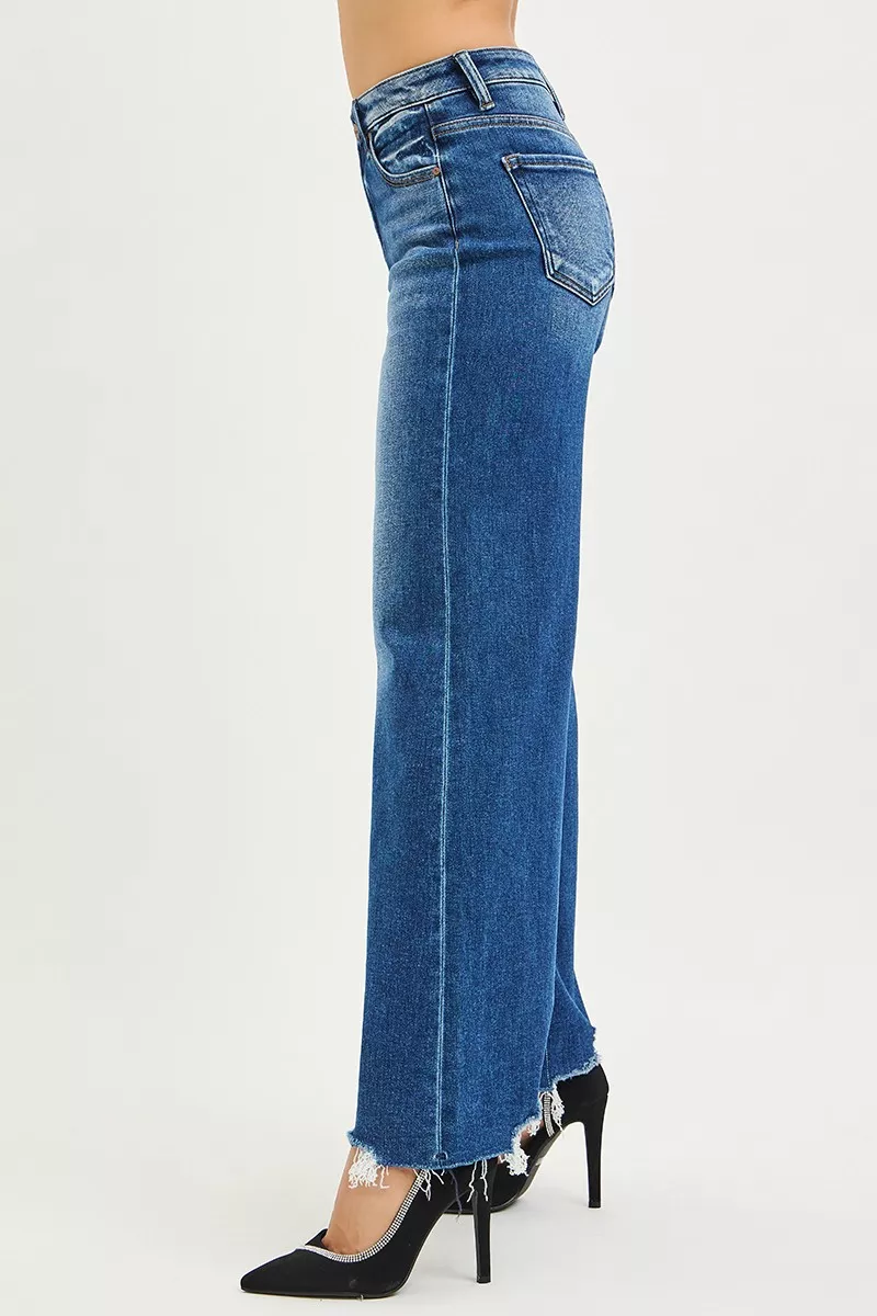 RISEN High Rise Wide Leg Jeans with Distressed Hem - Image 4