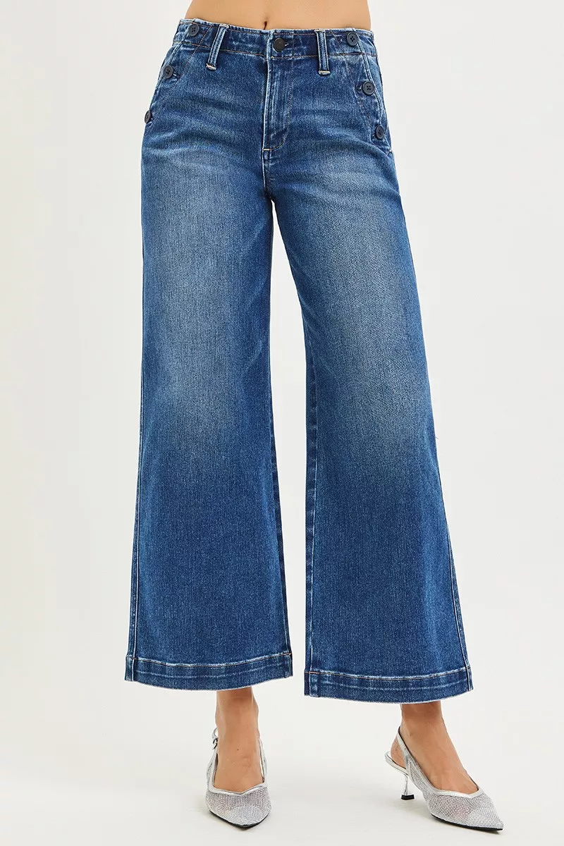 RISEN High Rise Wide Leg Jeans With Pocket Button Detail - Image 2