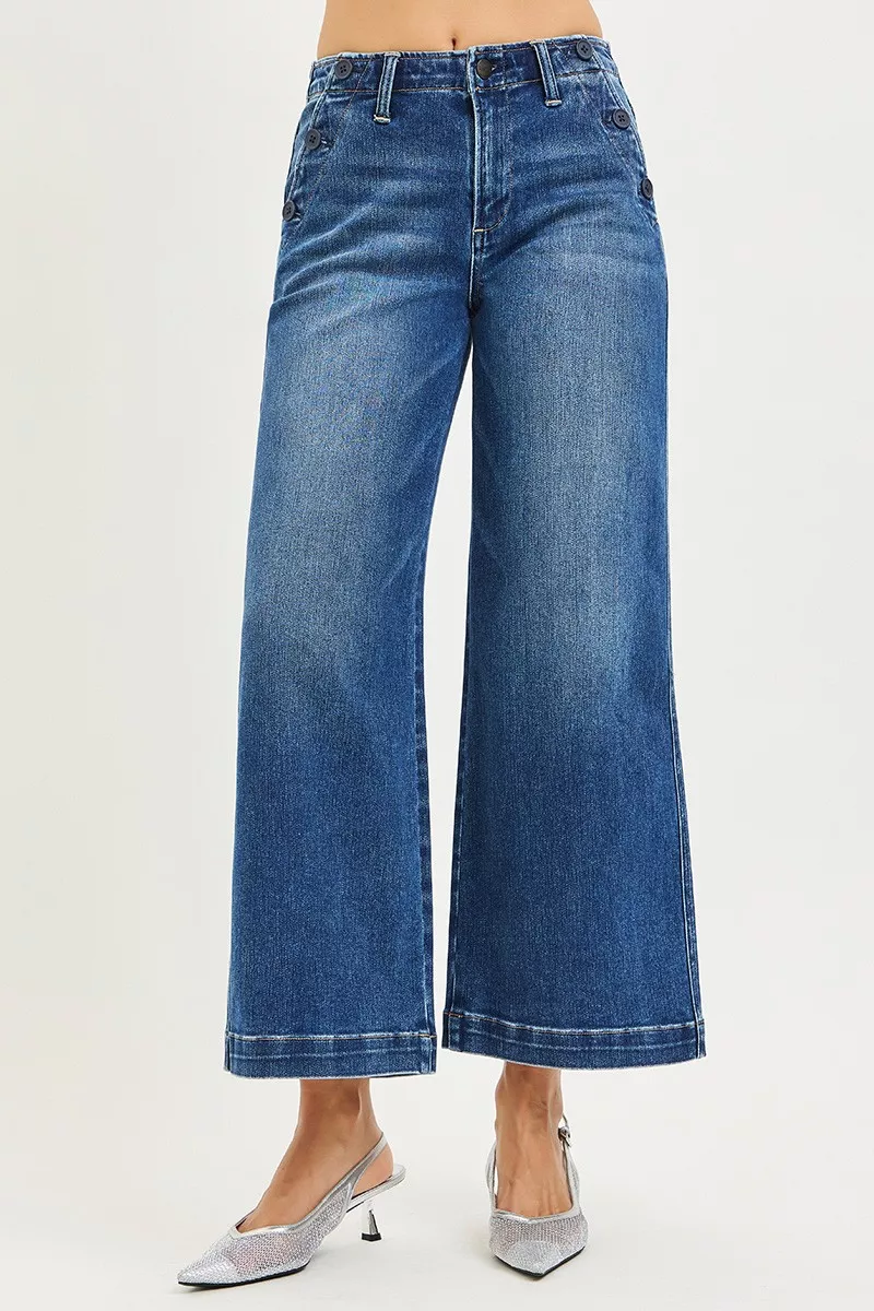 RISEN High Rise Wide Leg Jeans With Pocket Button Detail - Image 3