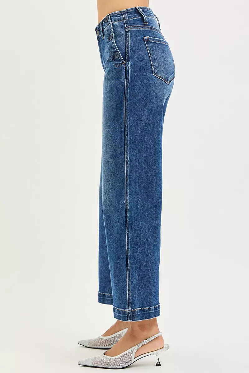 RISEN High Rise Wide Leg Jeans With Pocket Button Detail - Image 4