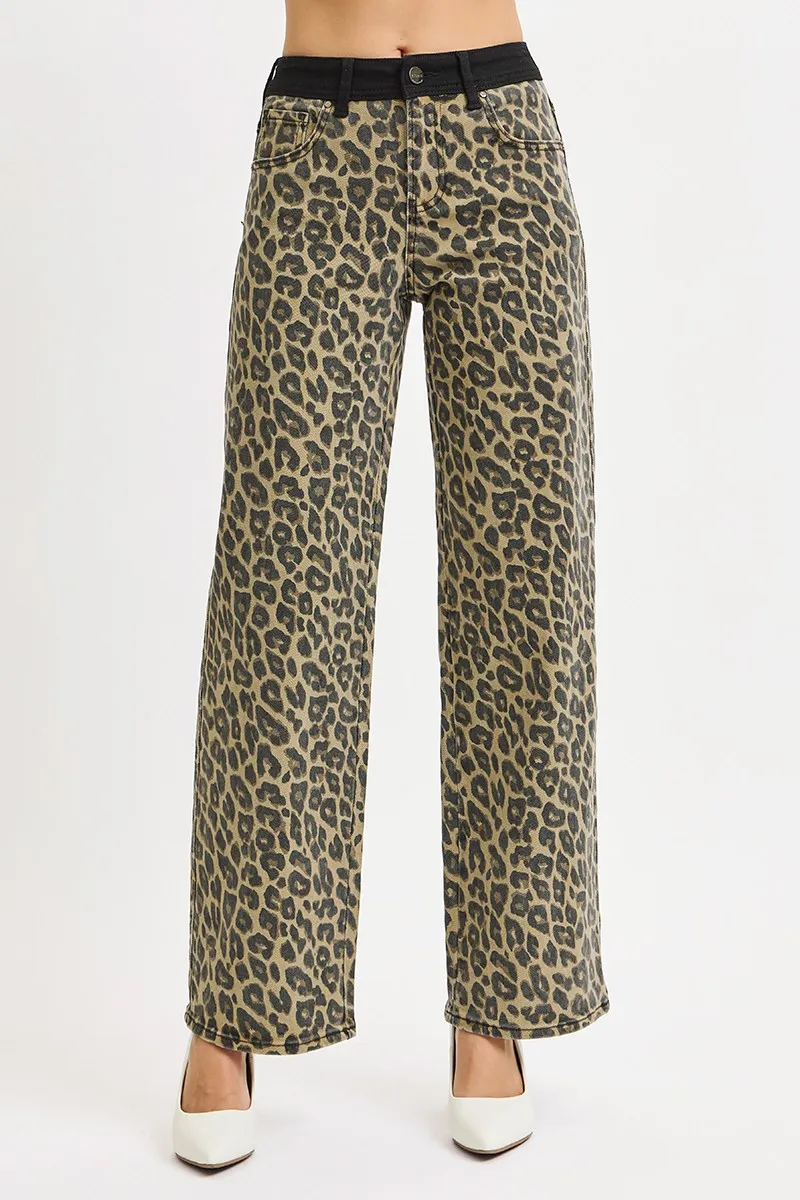RISEN High Rise Wide Leg Leopard Printed Jeans with Contrast Waist Band Detail - Image 2