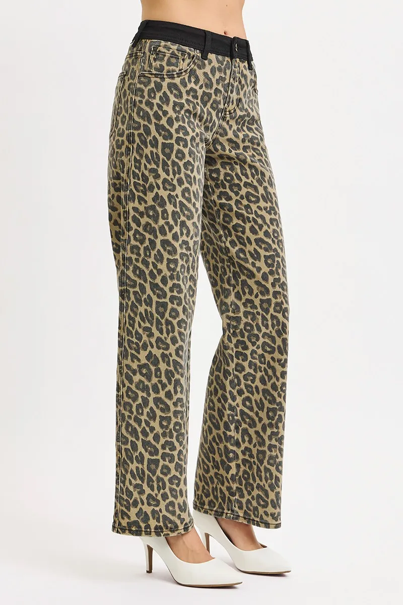 RISEN High Rise Wide Leg Leopard Printed Jeans with Contrast Waist Band Detail - Image 4