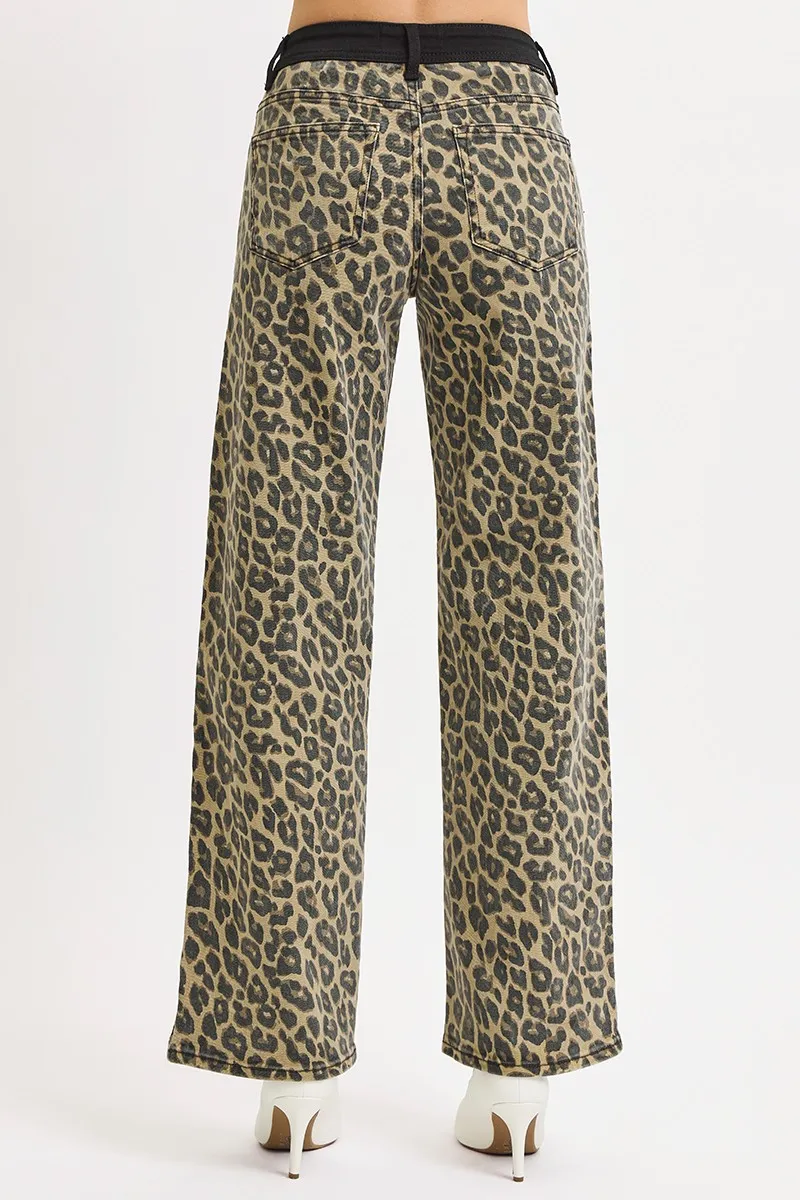 RISEN High Rise Wide Leg Leopard Printed Jeans with Contrast Waist Band Detail - Image 5
