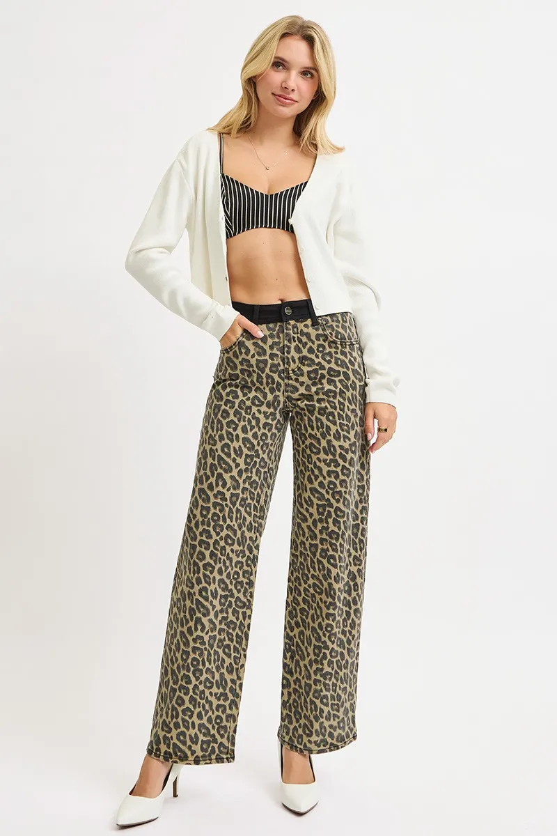 RISEN High Rise Wide Leg Leopard Printed Jeans with Contrast Waist Band Detail - Image 6