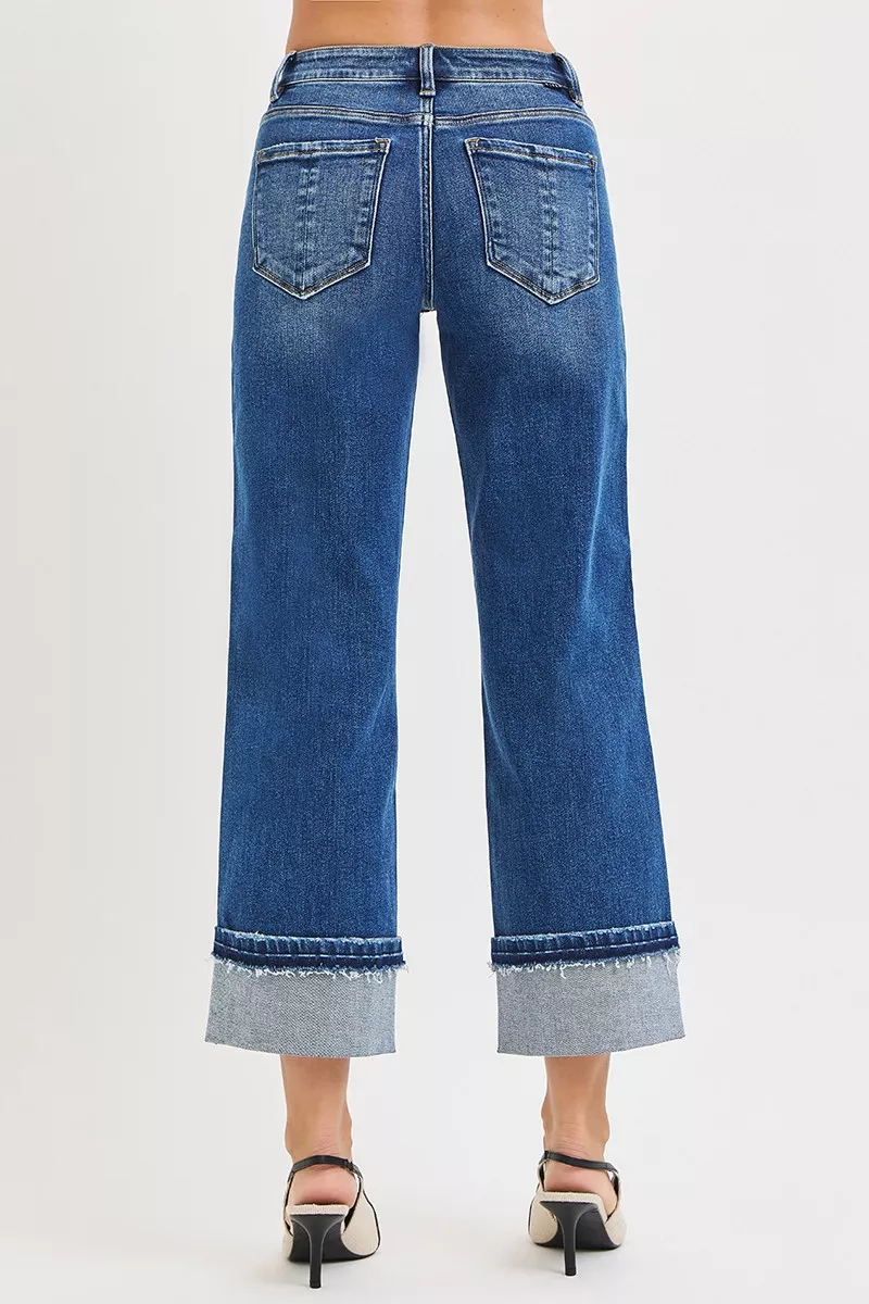 RISEN Mid Rise Ankle Straight Jeans with Cuffed Hem - Image 5