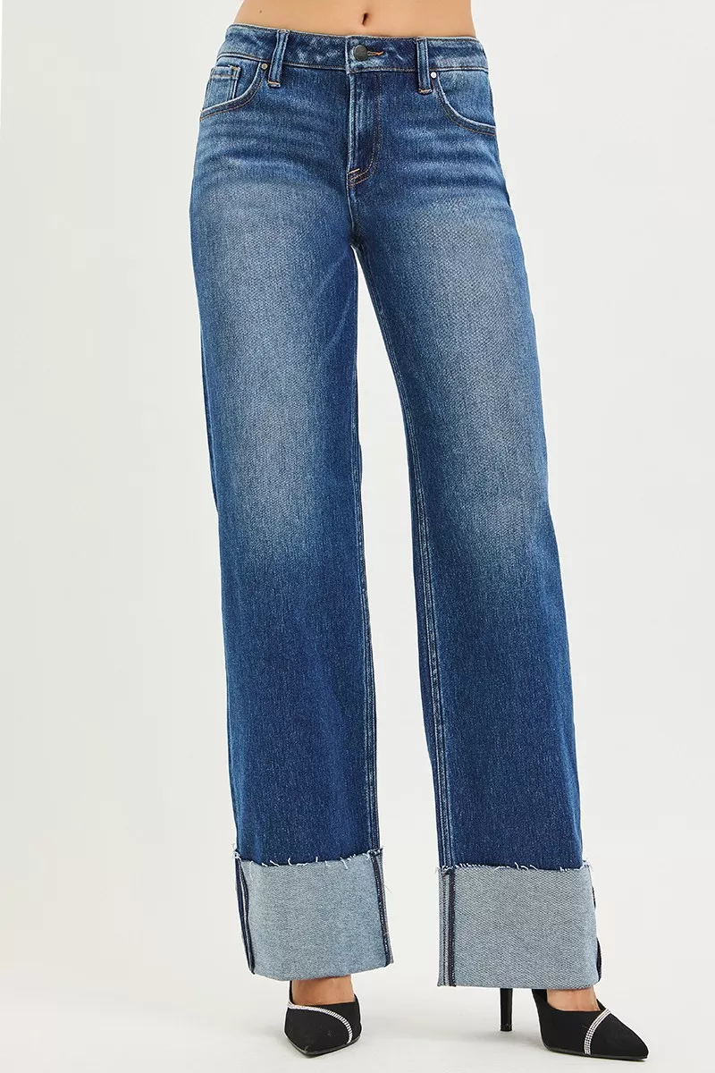 RISEN Mid Rise Wide Straight Jeans With Wide Cuff - Image 3