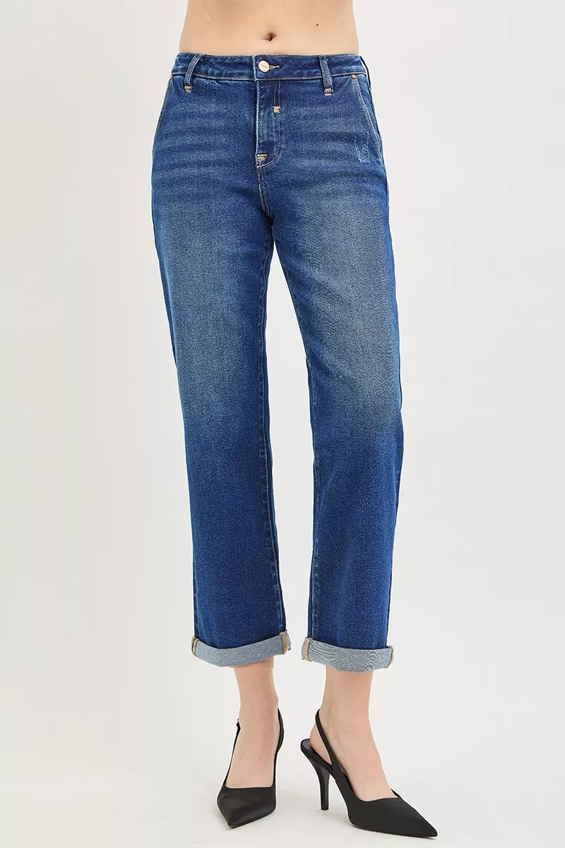 RISEN Slouchy Cropped Boyfriend Jeans with Cuffed Hem - Image 3