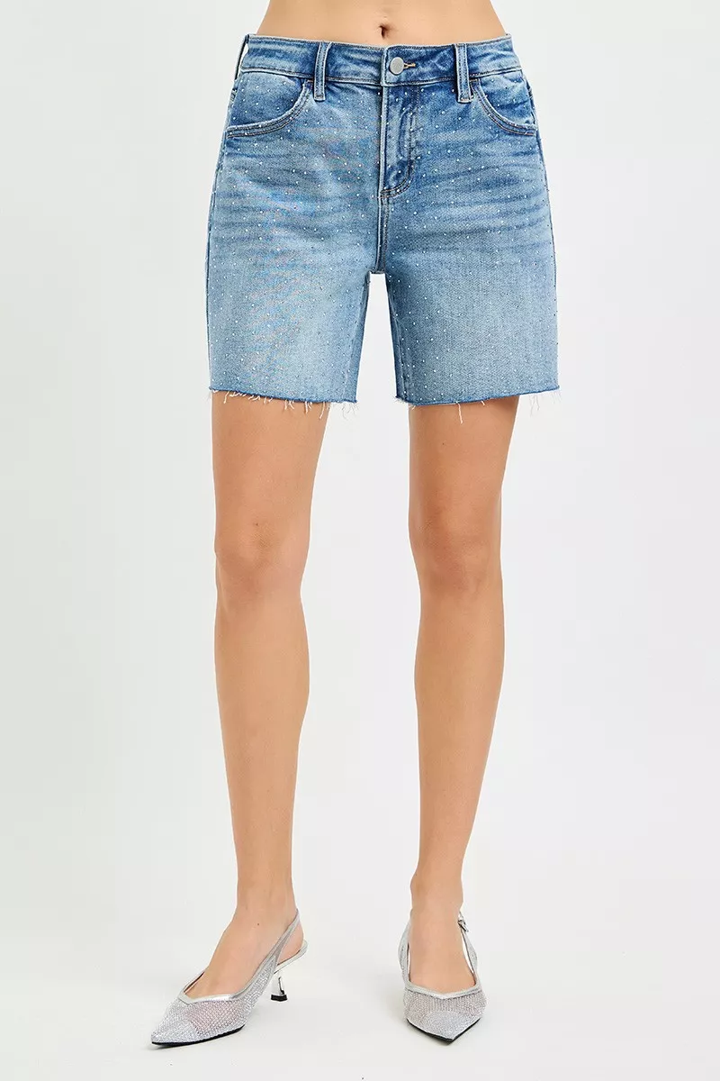 RISEN Slouchy Mid Length All Over Rhinestones Shorts - Image 4