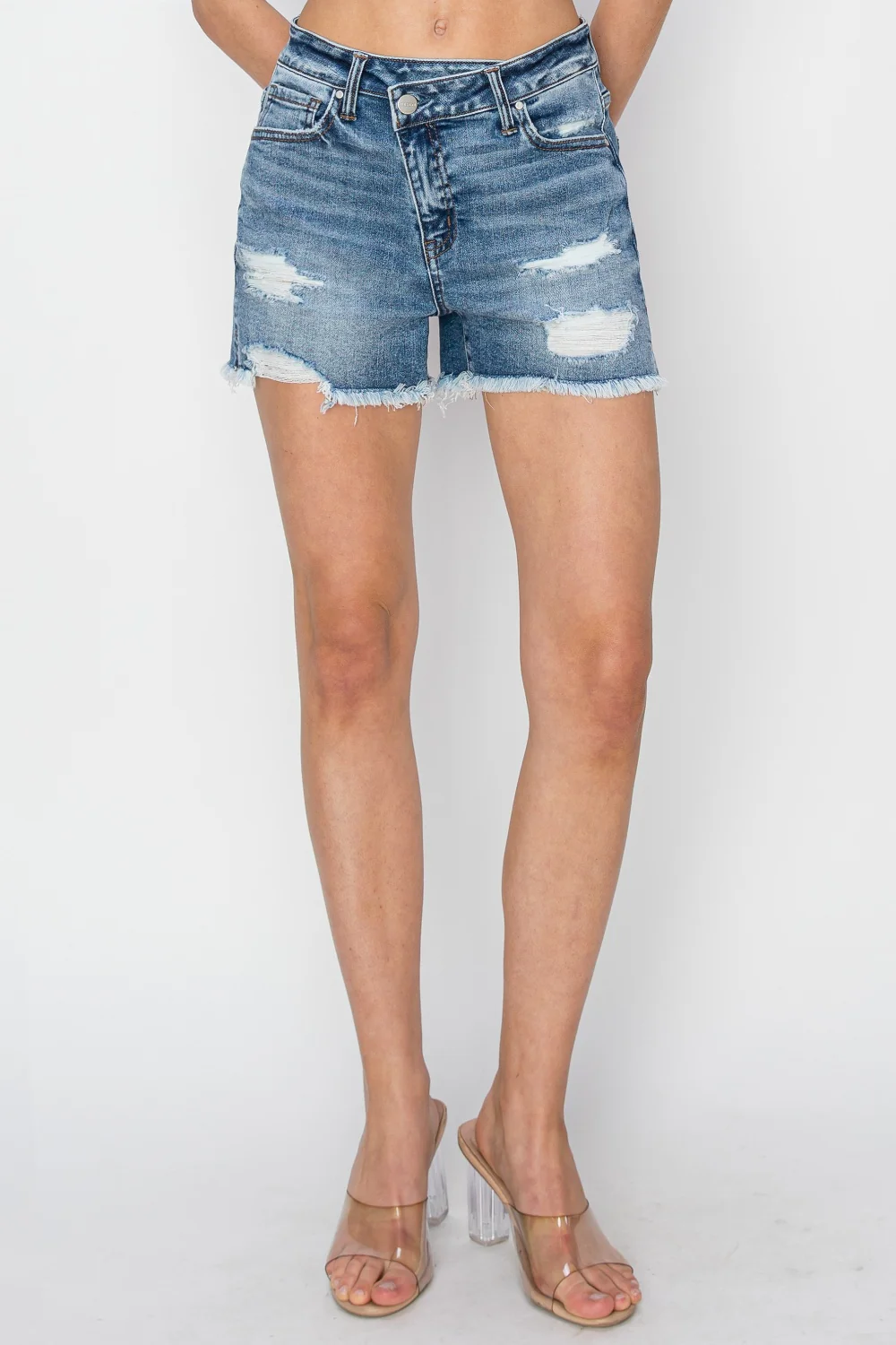 RISEN Stepped Waist Frayed Denim Shorts - Image 3
