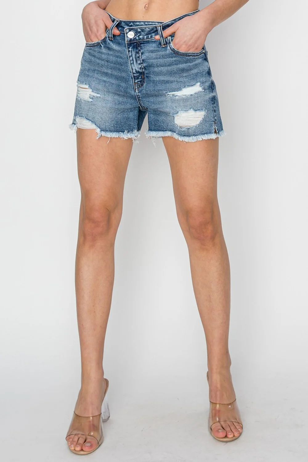 RISEN Stepped Waist Frayed Denim Shorts - Image 4