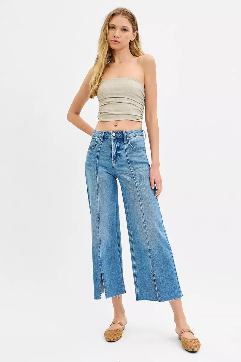 RISEN Tummy Control Mid Rise Crop Wide Front Slit Jeans - Image 6