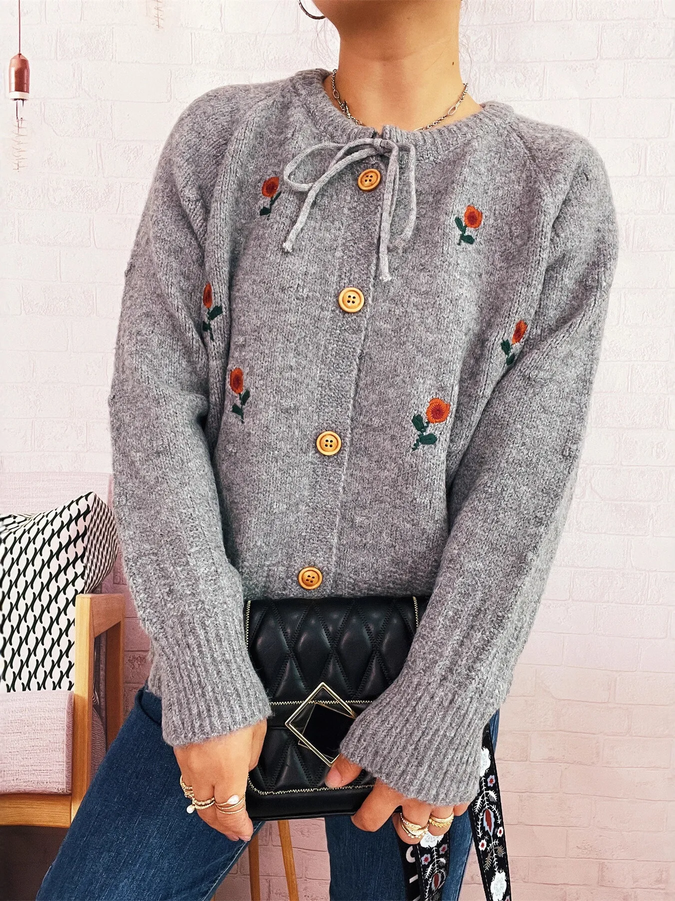 Rose Embroidered Button-Up Cardigan - Image 7