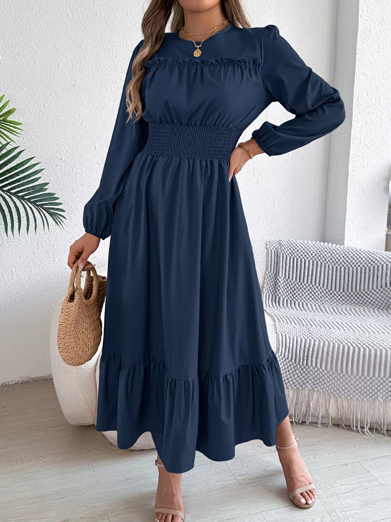 Round Neck Balloon Sleeve Tiered Dress - Image 20
