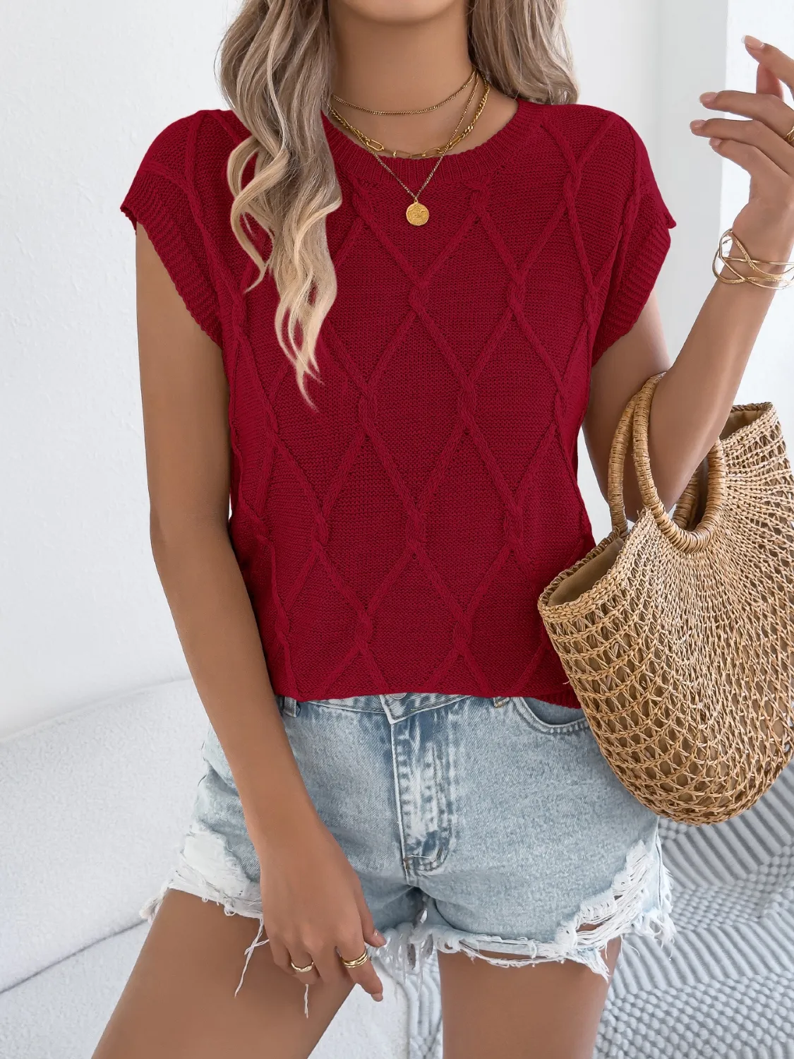 Round Neck Cap Sleeve Knit Top - Image 3