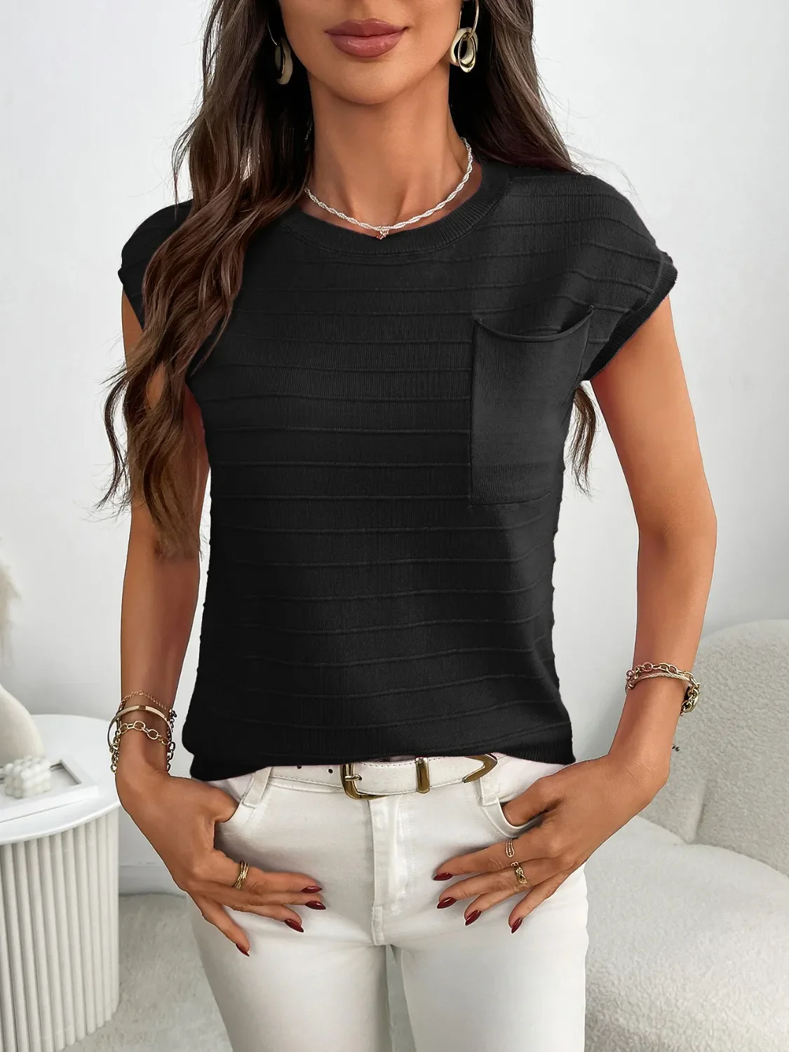 Round Neck Cap Sleeve Knit Top - Image 6